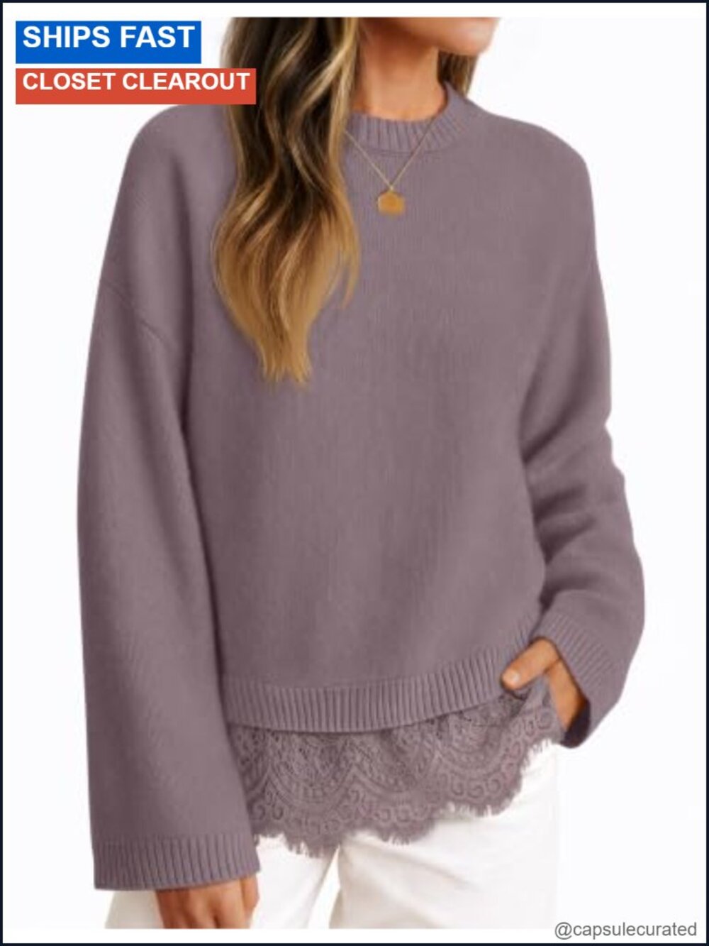 Lace Trim Pullover Sweater Crew Neck Drop Shoulder Long Sleeve Knit Top